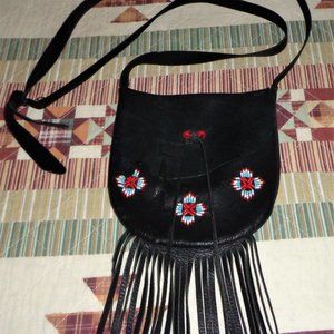 Black Leather Beaded Shoulder Bag